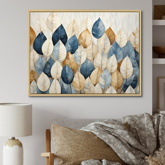 Designart "Collage Of Beige And Blue Minimalism Leaves I" Leaves Floater Framed Wall Decor