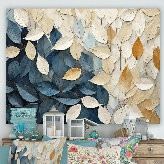 Designart "Collage Of Beige And Blue Minimalism Leaves" Leaves Canvas Prints