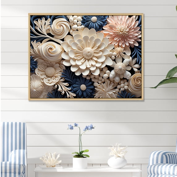 Designart "Collage Of Blue And White Coral Blossoms" Coastal Coral Under Water Floater Framed Wall Art Prints