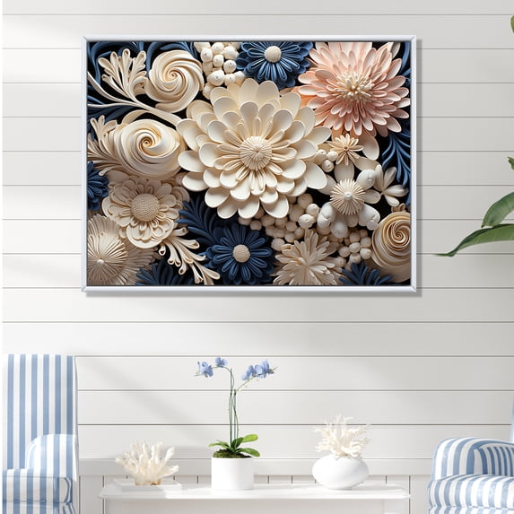 Designart "Collage Of Blue And White Coral Blossoms" Coastal Coral Under Water Floater Framed Wall Art Prints