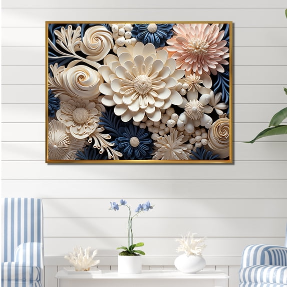 Designart "Collage Of Blue And White Coral Blossoms" Coastal Coral Under Water Floater Framed Wall Art Prints