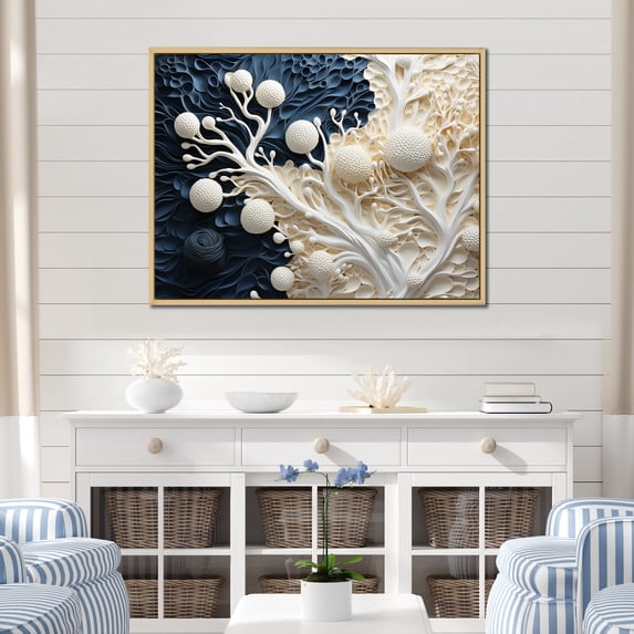 Designart "Collage Of Blue And White Coral Blossoms I" Coastal Coral Under Water Floater Framed Wall Art Living Room