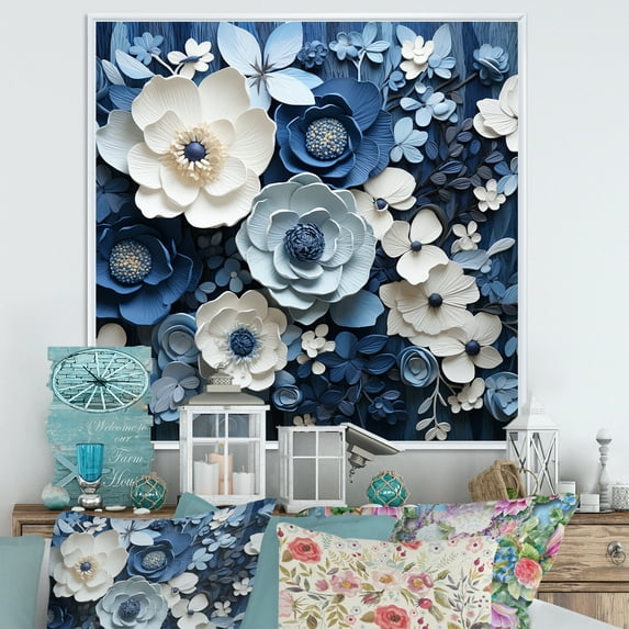 Designart "Collage Of Blue And White Seasonal Blooms III" Flowers Floater Framed Canvas Wall Art