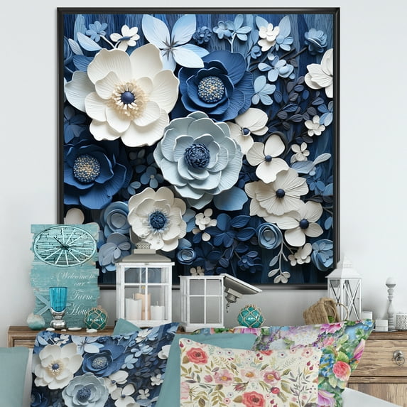 Designart "Collage Of Blue And White Seasonal Blooms III" Flowers Floater Framed Canvas Wall Art
