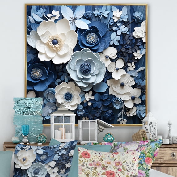 Designart "Collage Of Blue And White Seasonal Blooms III" Flowers Floater Framed Canvas Wall Art