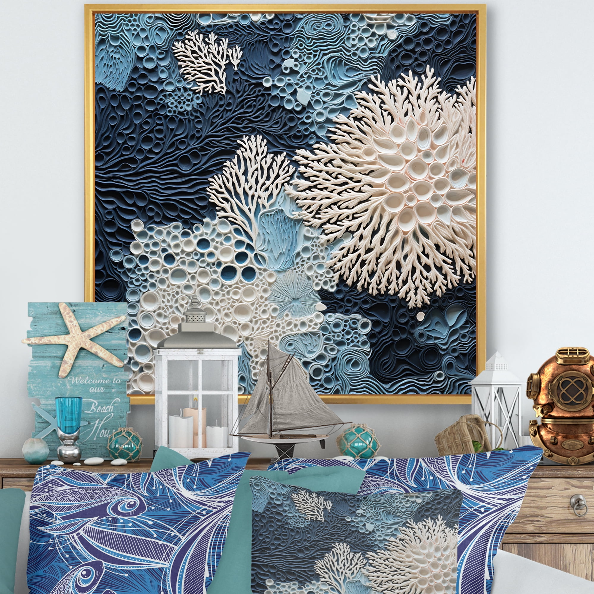 Gold Framed Blue and White Coral Canvas Print, 30" x 30"