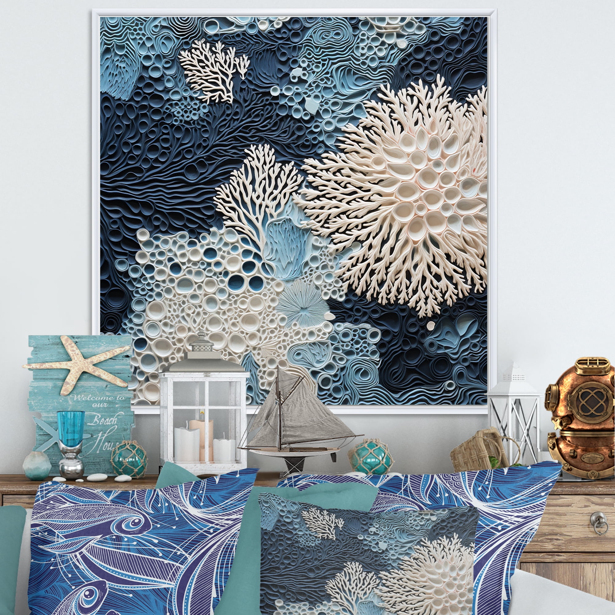 Blue and White Coral Collage Coastal Canvas Print with White Frame