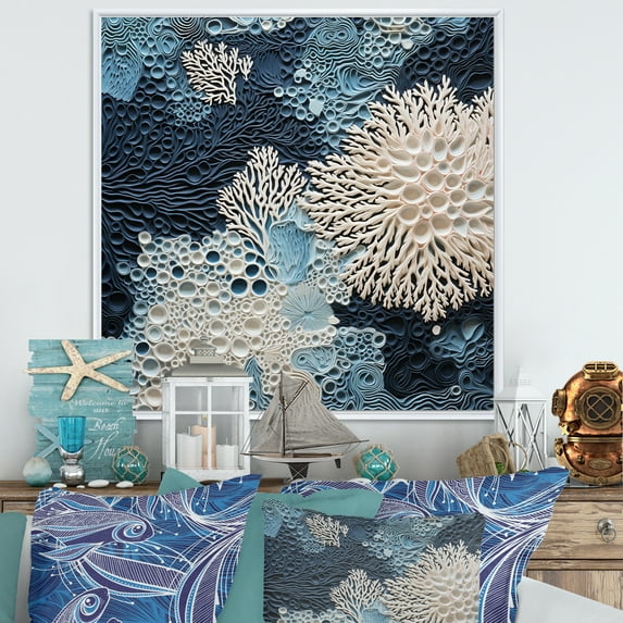Designart "Collage Of Blue And White Underwater Corals" Coastal Floater Framed Canvas Wall Art
