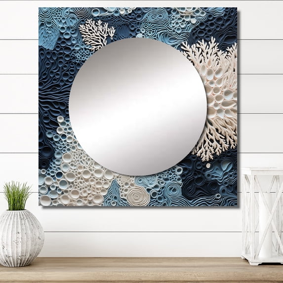 Designart "Collage Of Blue And White Underwater Corals" coastal Square Mirror For Wall Decor - Large Blue Square Mirror Printed Wall Decor - Coastal Square Living Room Mirror