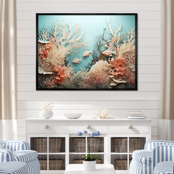 Designart "Collage Of Fish In Watercolor Dance" Coastal Coral Under Water Floater Framed Wall Art Prints