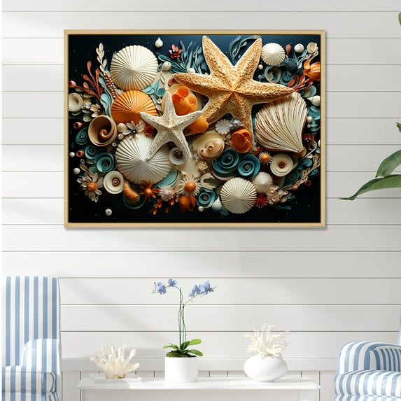 Designart "Collage Of Modern Beach Shellfish" Ocean Floater Framed Wall Art Living Room