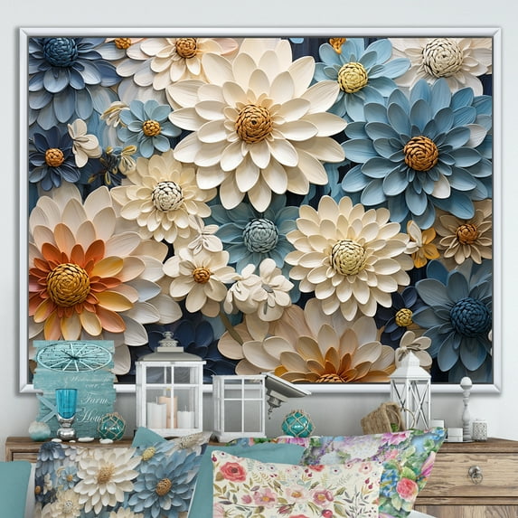 Designart "Collage Of Vibrant Blue And White Zinnias I" Zinnias Floater Framed Wall Art Prints