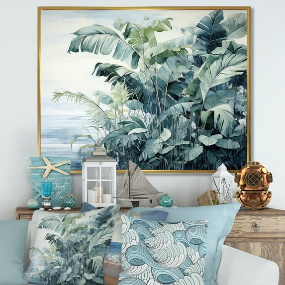 Designart "Collage Of Watercolor Tropical Palm Trees I" Coastal Tropical Floater Framed Wall Art Living Room
