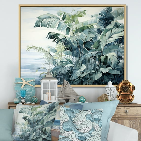 Designart "Collage Of Watercolor Tropical Palm Trees I" Coastal Tropical Floater Framed Wall Art Living Room