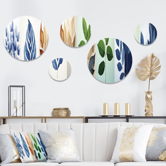 Designart "Collage Of White And Blue Leaves" Leaves Round Wall Art Set Of 5 - Blue Traditional Hallway Metal Art Print Set