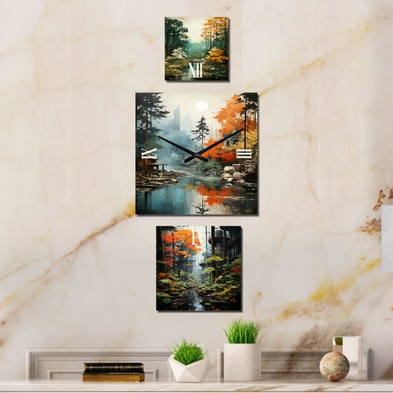 Designart "Collage of Autumn Forest" Forest Oversized Wall Clock - Set Of 3 - Extra large Clock For Office Décor - Large Traditional Wall Clock