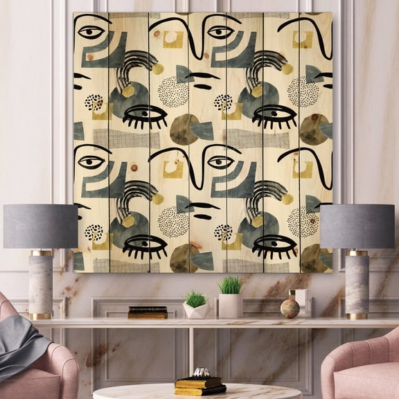 Designart 'Collage of Eyes And Doodles In Contemporary Style I' Modern Print on Natural Pine Wood