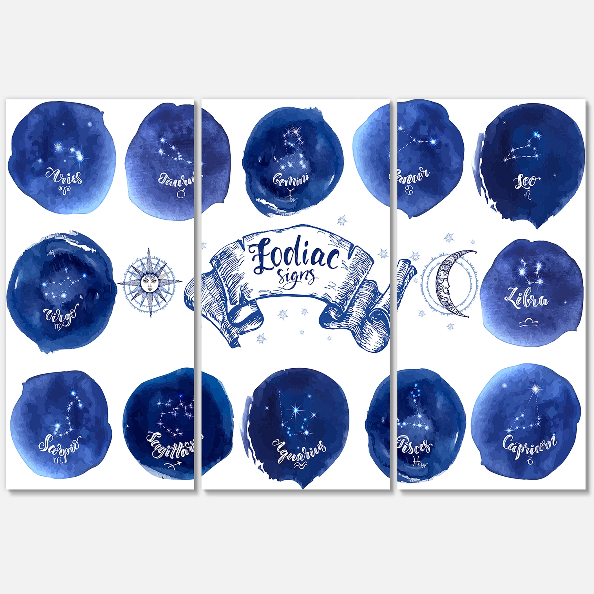 Designart ' Collection of Astrology Signs On Blue Circles ' Modern Canvas Wall Art Print