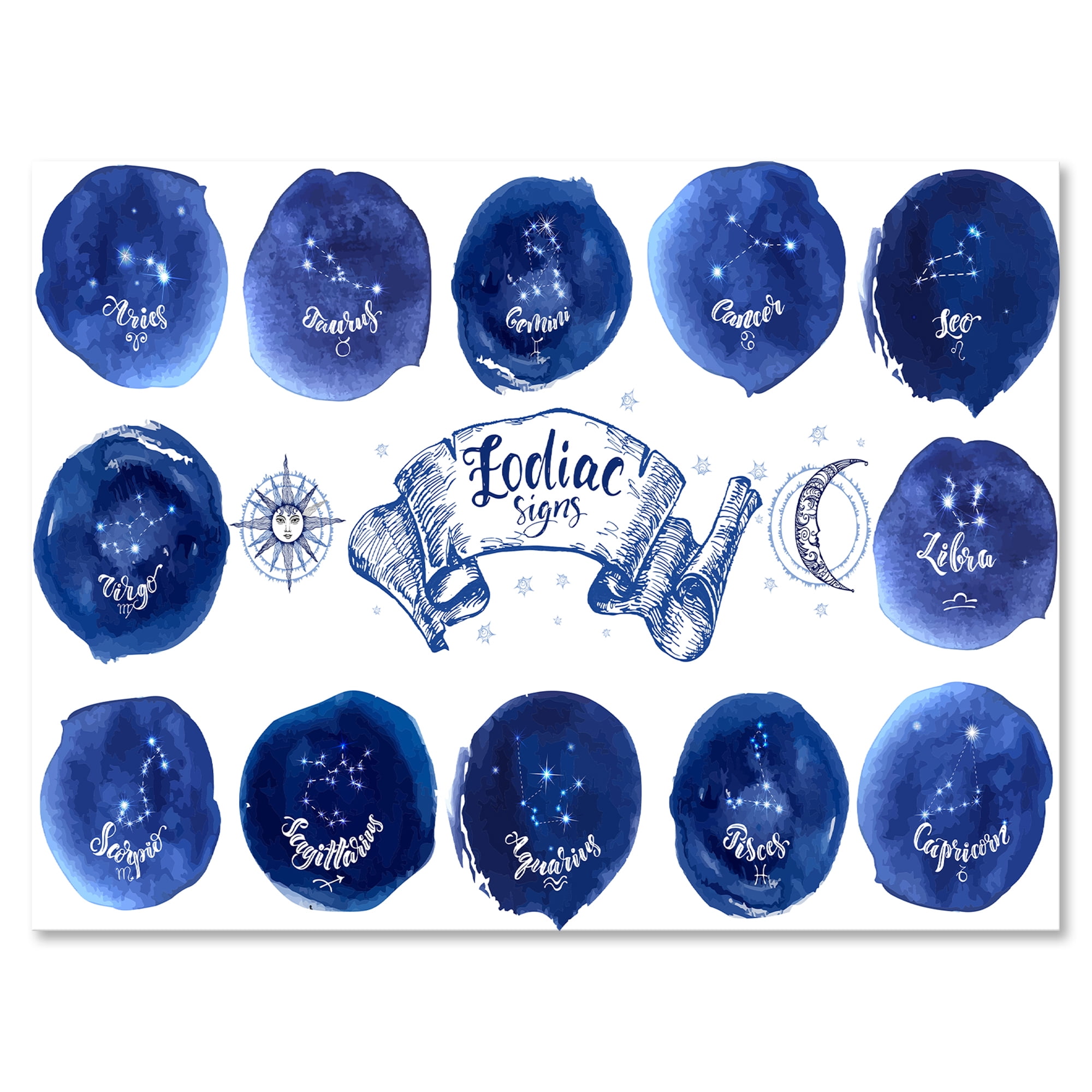 Designart ' Collection of Astrology Signs On Blue Circles ' Modern Canvas Wall Art Print