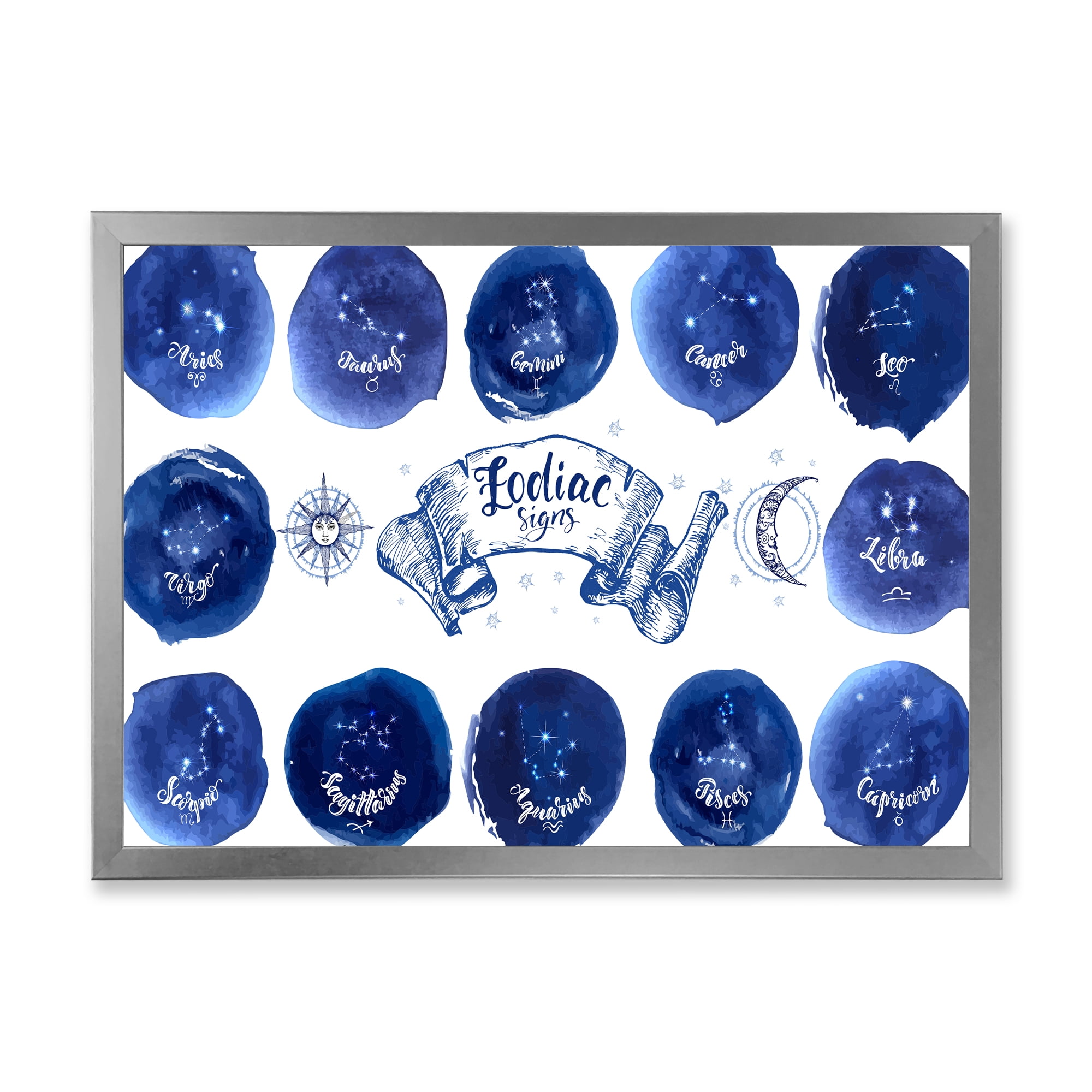 Designart 'Collection of Astrology Signs On Blue Circles' Modern Framed Art Print