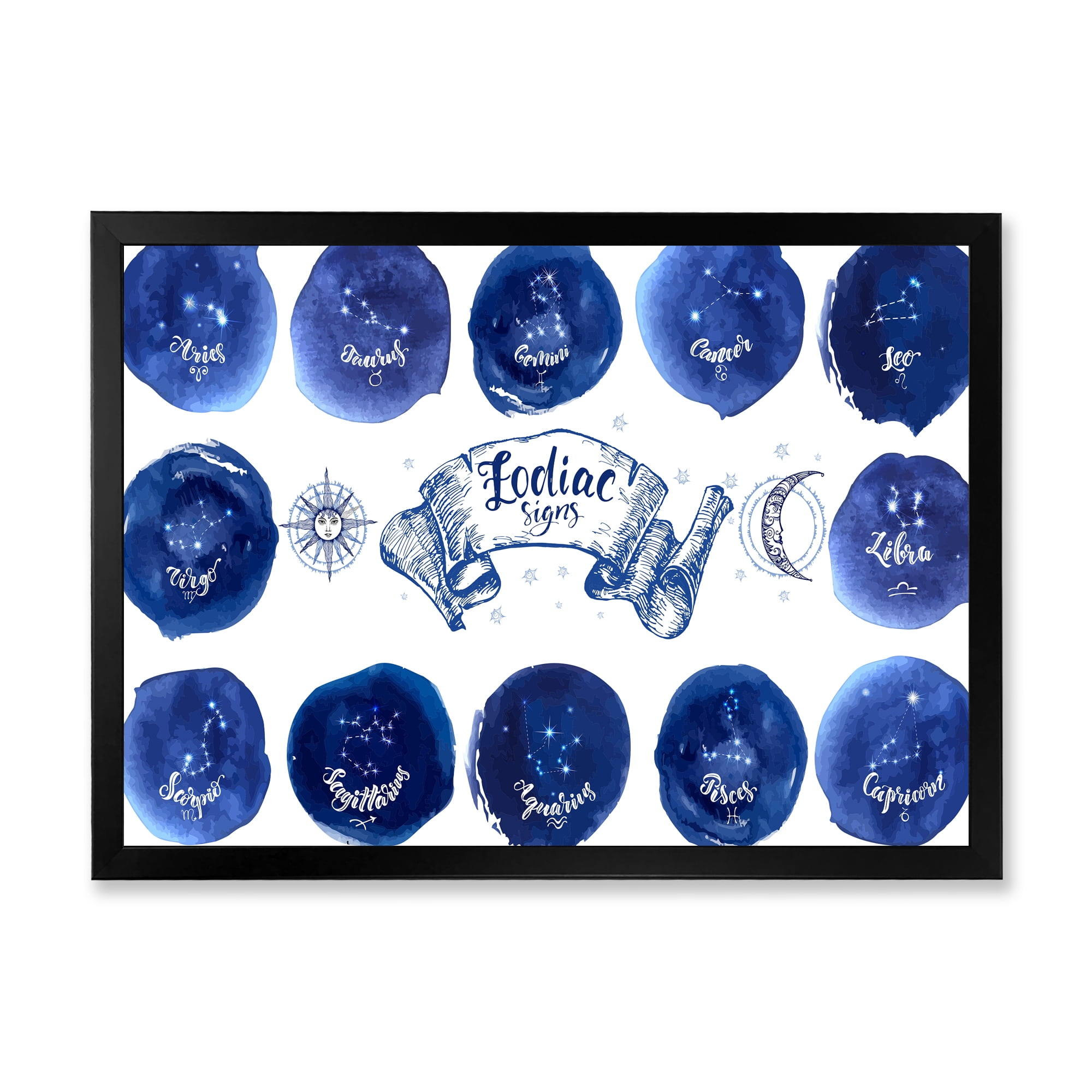 Designart 'Collection of Astrology Signs On Blue Circles' Modern Framed Art Print