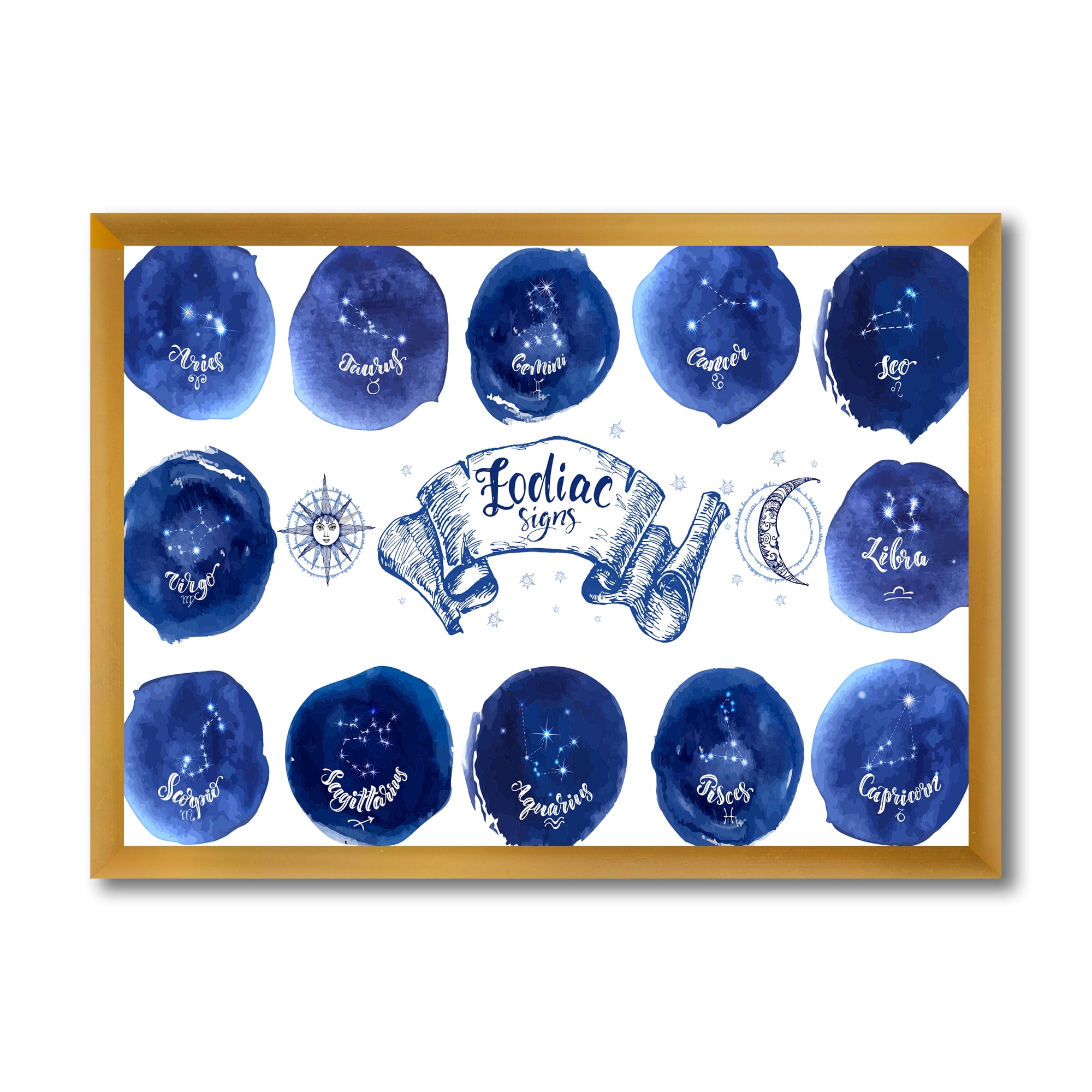 Designart 'Collection of Astrology Signs On Blue Circles' Modern Framed Art Print