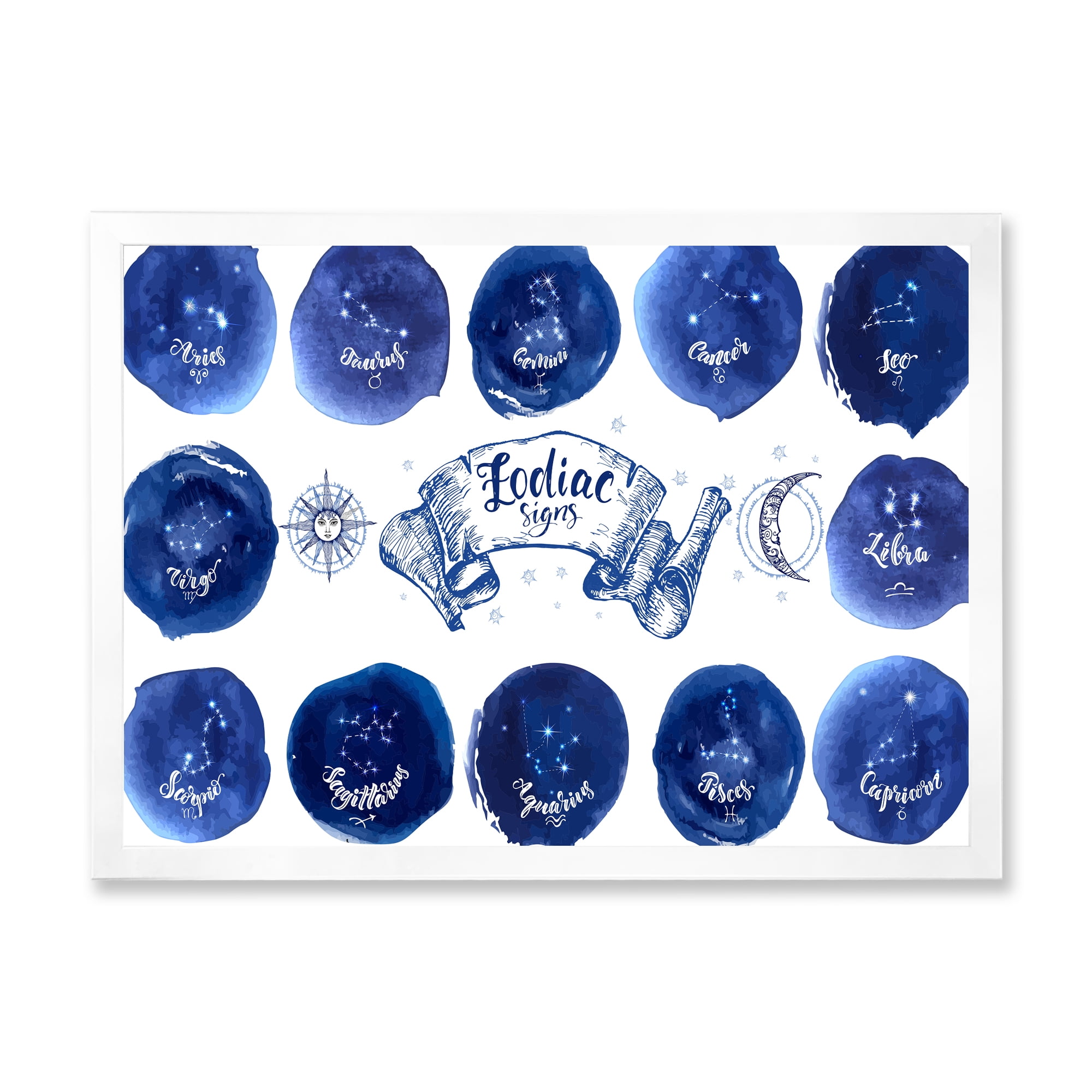 Designart 'Collection of Astrology Signs On Blue Circles' Modern Framed Art Print
