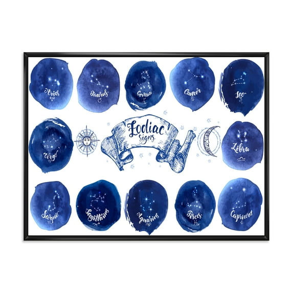 Designart 'Collection of Astrology Signs On Blue Circles' Modern Framed Canvas Wall Art Print