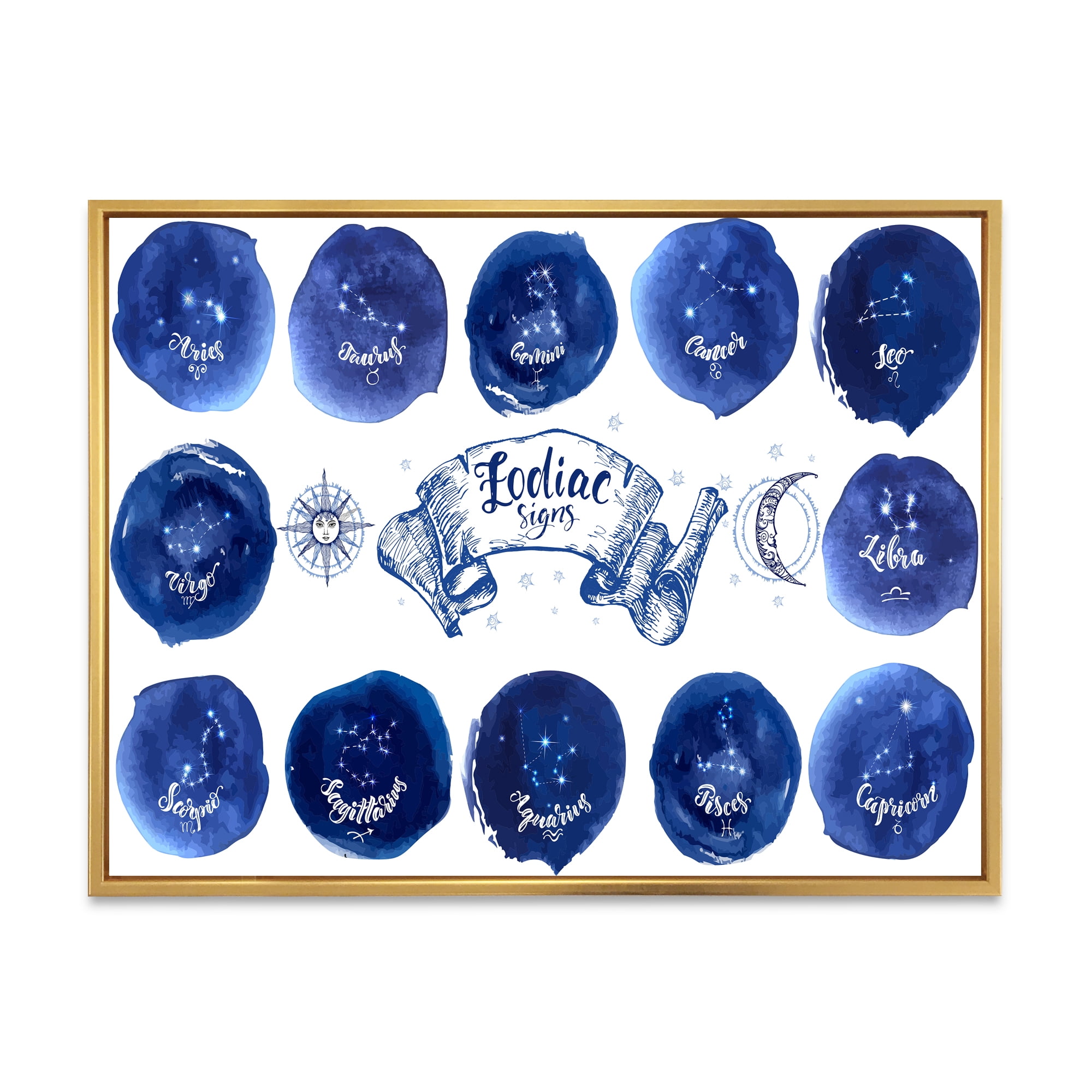 Designart 'Collection of Astrology Signs On Blue Circles' Modern Framed Canvas Wall Art Print