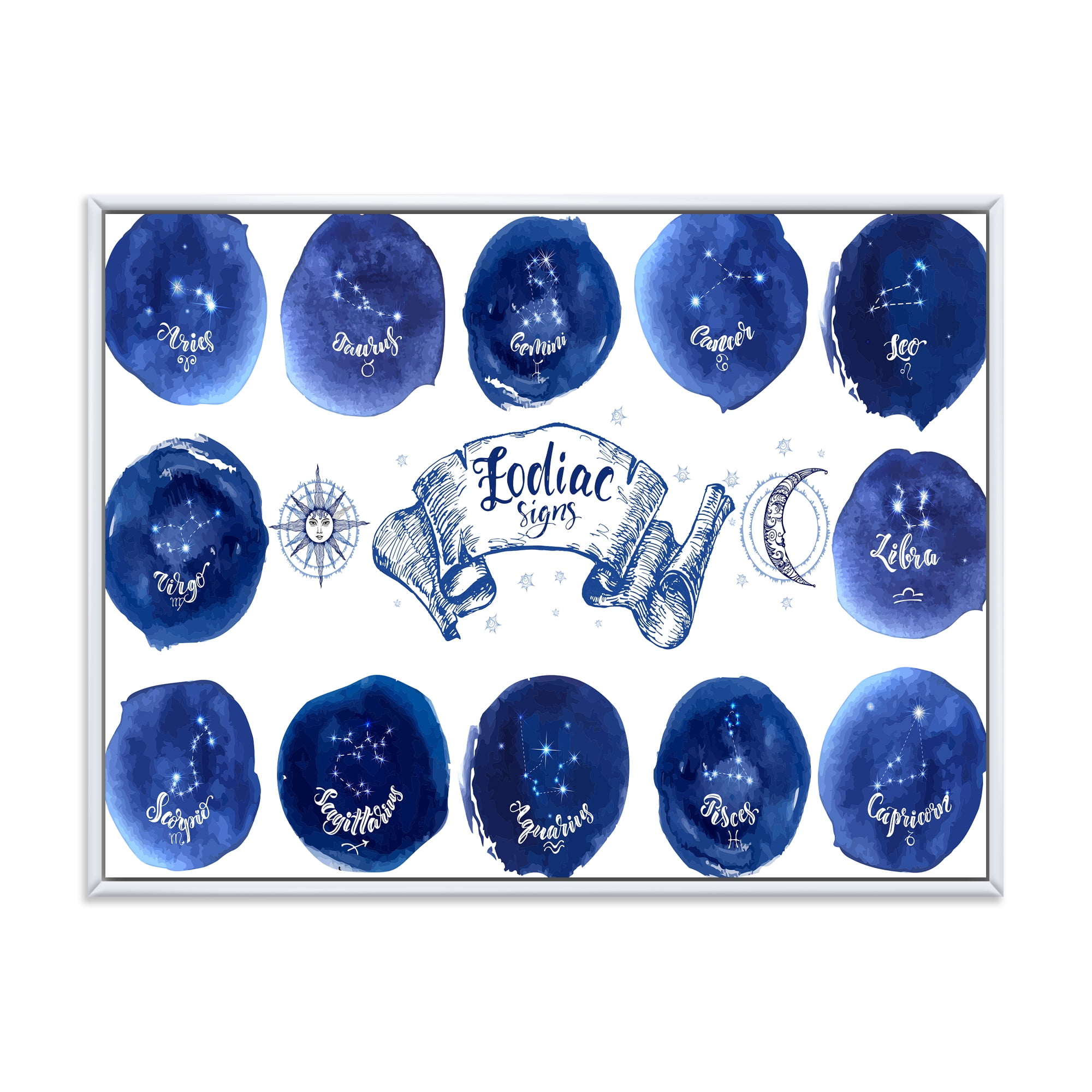 Designart 'Collection of Astrology Signs On Blue Circles' Modern Framed Canvas Wall Art Print