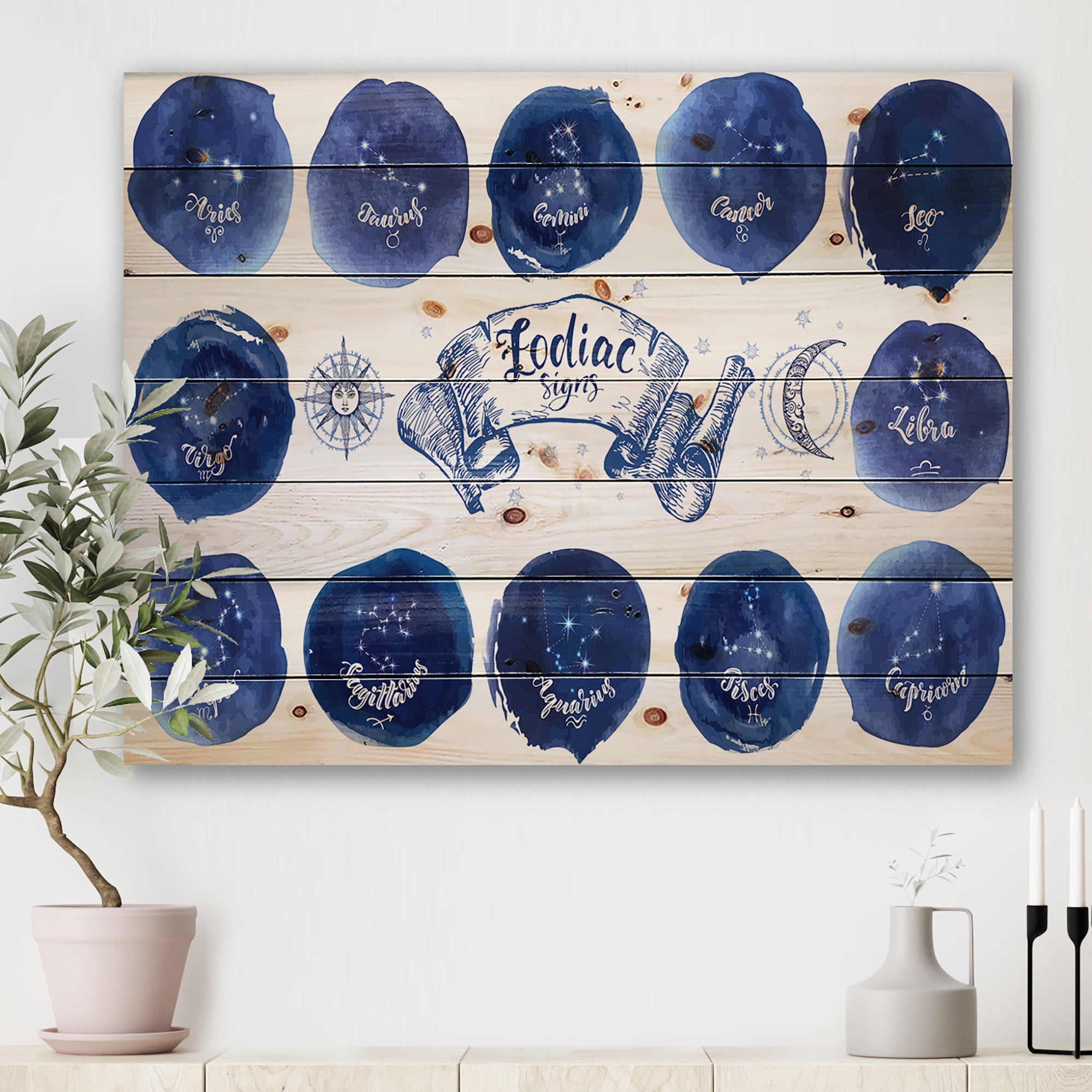 Designart 'Collection of Astrology Signs On Blue Circles' Modern Print on Natural Pine Wood