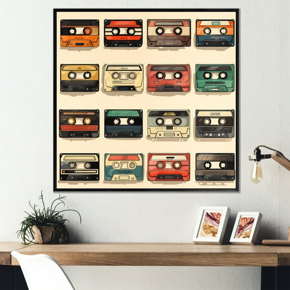 Designart "Collection of Retro Cassette Tapes II" Fashion Framed Wall Art - Colorful Cassette Tapes Bedroom Framed Canvas Wall Art