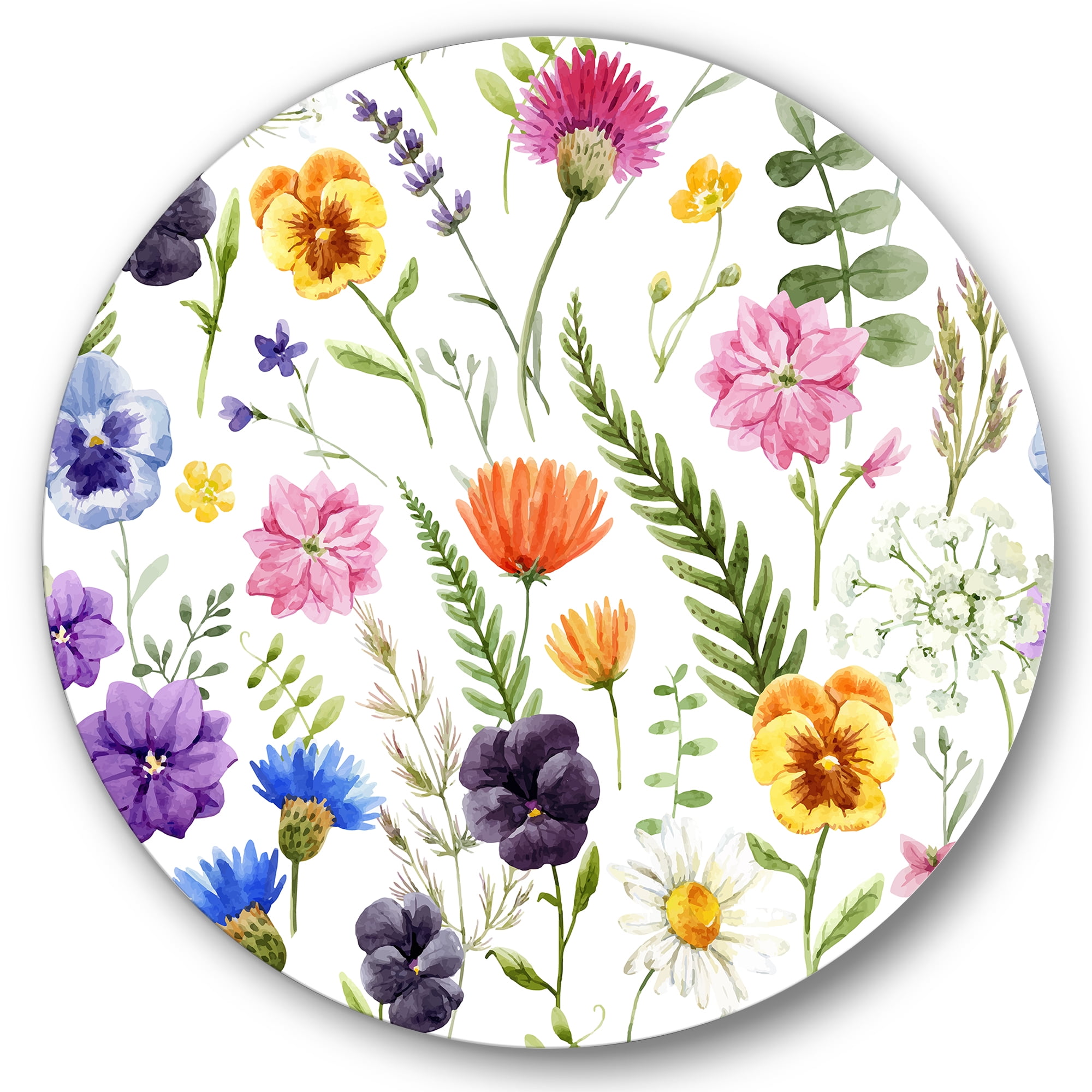 Designart 'Coloful Wildflowers Floral Pattern I' Traditional Circle Metal Wall Art 23x23 - Disc of 23