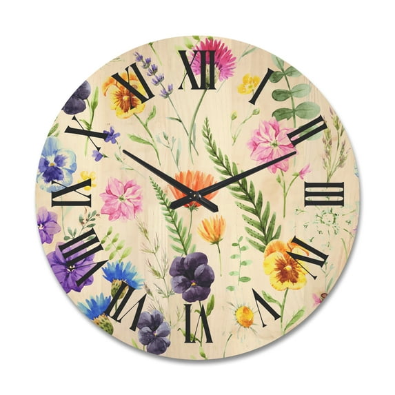 Designart 'Coloful Wildflowers Floral Pattern I' Traditional Wood Wall Clock