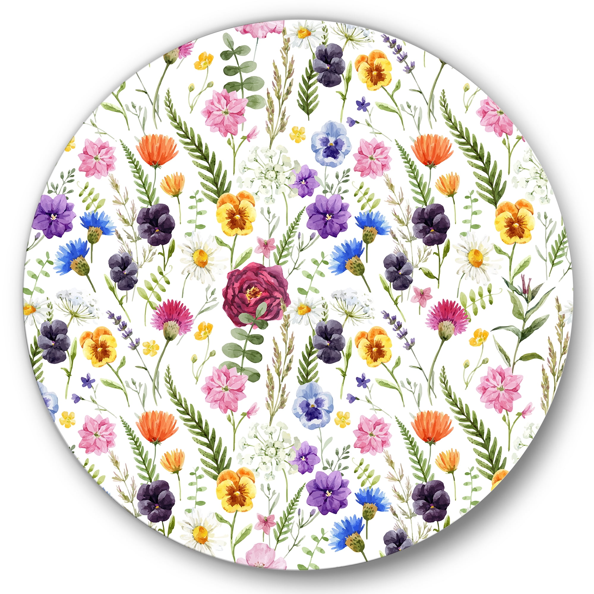 Designart 'Coloful Wildflowers Floral Pattern II' Traditional Circle Metal Wall Art 23x23 - Disc of 23