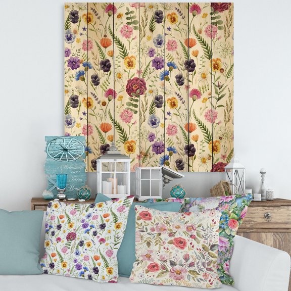 Designart 'Coloful Wildflowers Floral Pattern II' Traditional Print on Natural Pine Wood