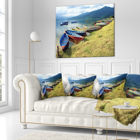 Designart Color Boats in Phewa Lake - Boat Throw Pillow - 16x16