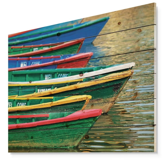 Designart 'Color Boats on Phewa Lake Nepal' Boat Print on Natural Pine Wood