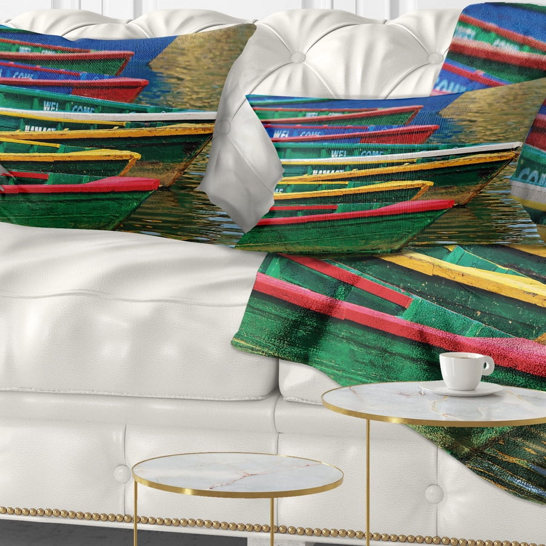 Designart Color Boats on Phewa Lake Nepal - Boat Throw Pillow - 12x20