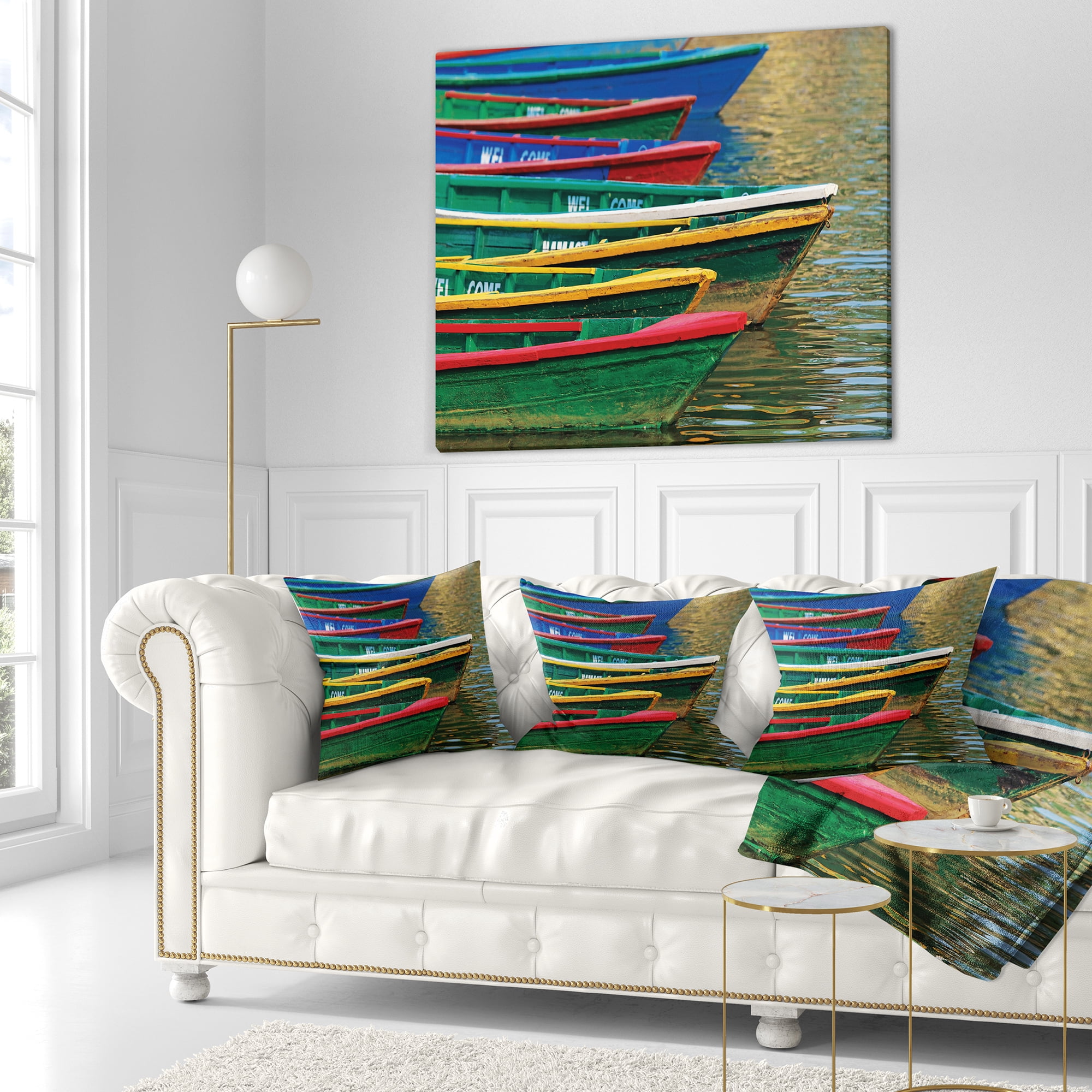 Designart Color Boats on Phewa Lake Nepal - Boat Throw Pillow - 16x16