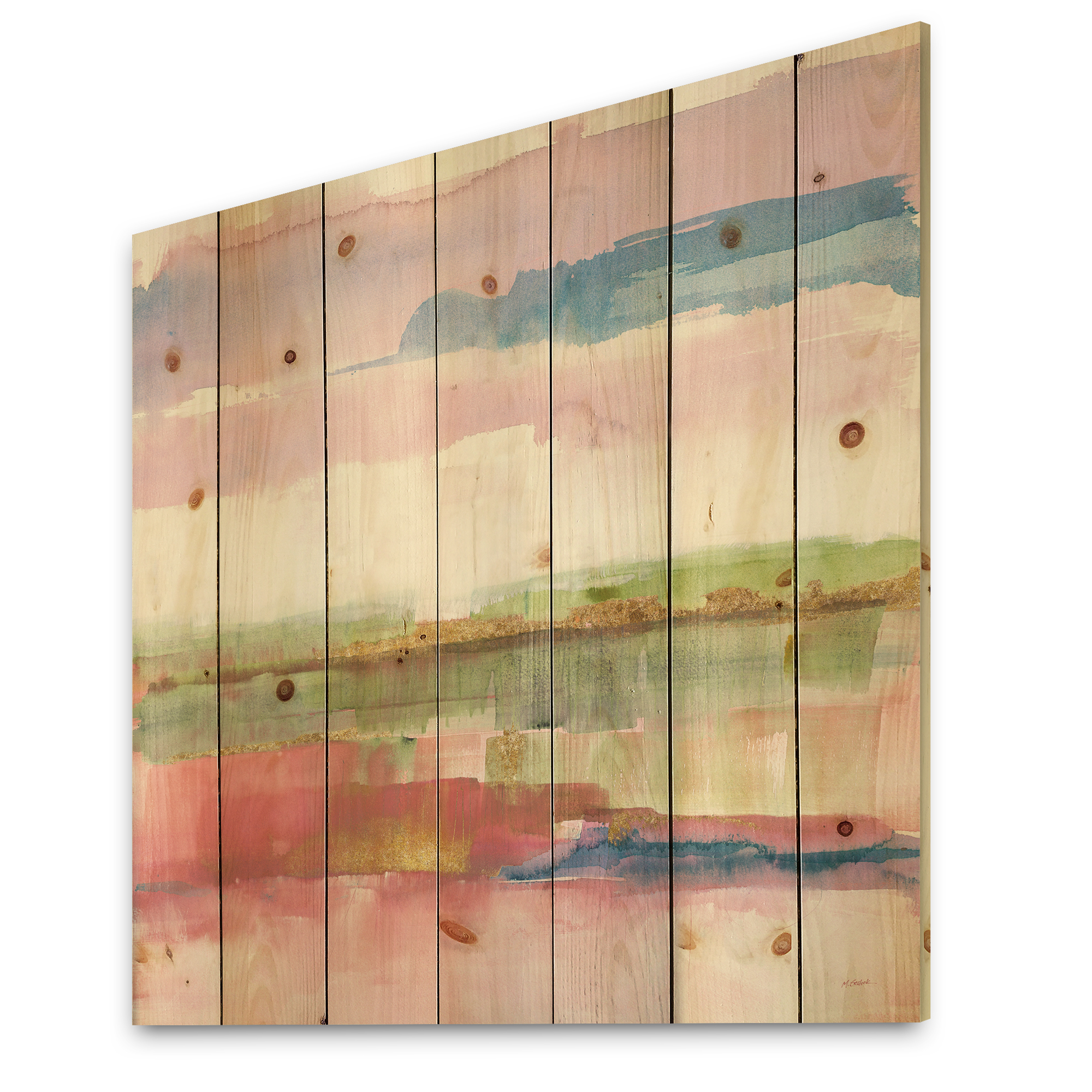 Designart 'Color Gold Bright and Influence Of Line' Shabby Chic Print on Natural Pine Wood