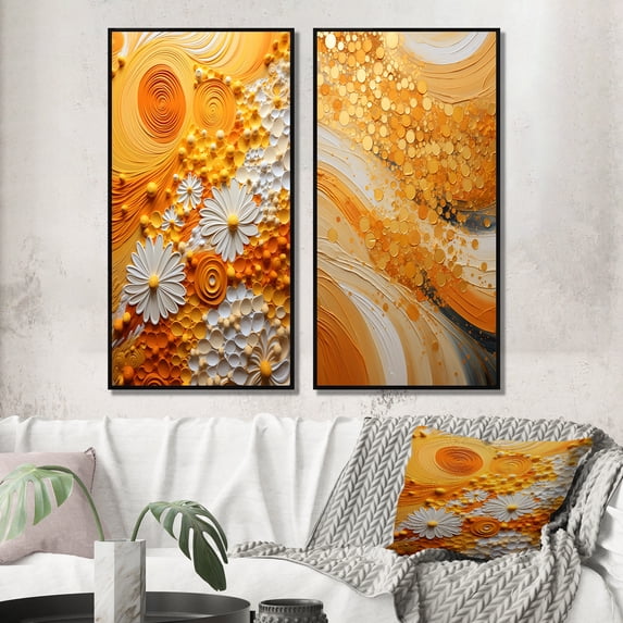 Designart "Color landscape Abstract Saffron I" Abstract Botanicals Framed Wall Art Set Of 2 - Yellow Floral Framed Wall Art Set Of 2