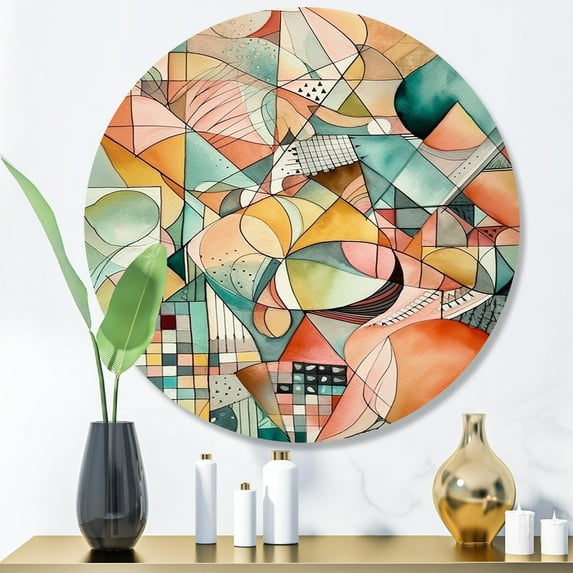 Designart "Color s Geometric Dance" Modern Geometric Round Metal Art