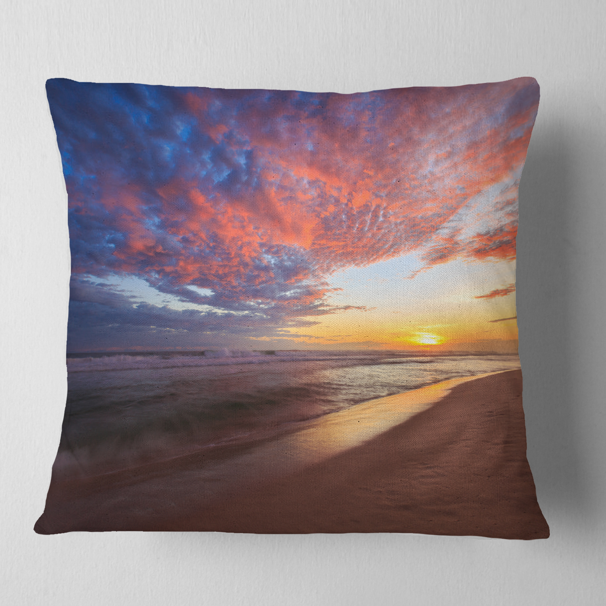 Designart Colored Clouds in Beach at Sunset - Seashore Throw Pillow - 16x16