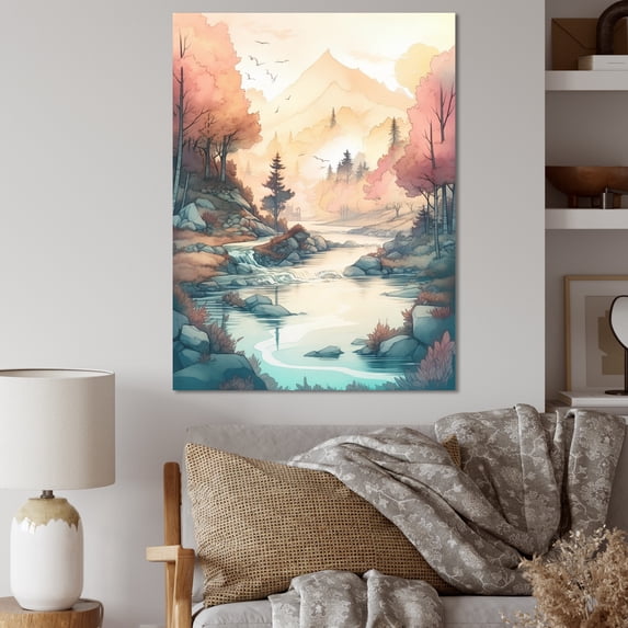 Designart "Colored Mountains And River I" Landscape Mountains River Wall Art For Bathroom