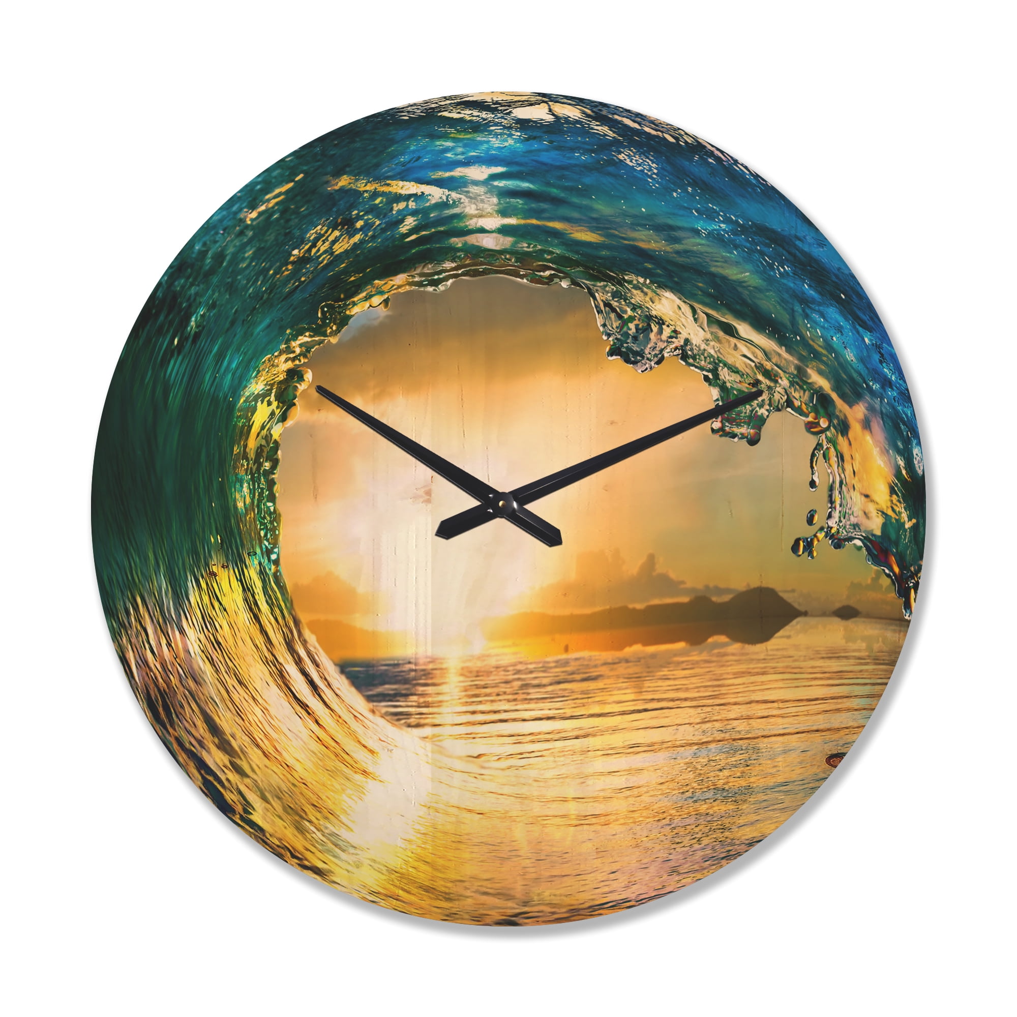 Designart 'Colored Ocean Waves Falling Down At Sunset II' Coastal Wood Wall Clock