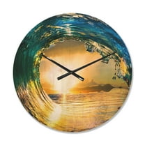Designart 'Colored Ocean Waves Falling Down At Sunset II' Nautical & Coastal Wood Wall Clock