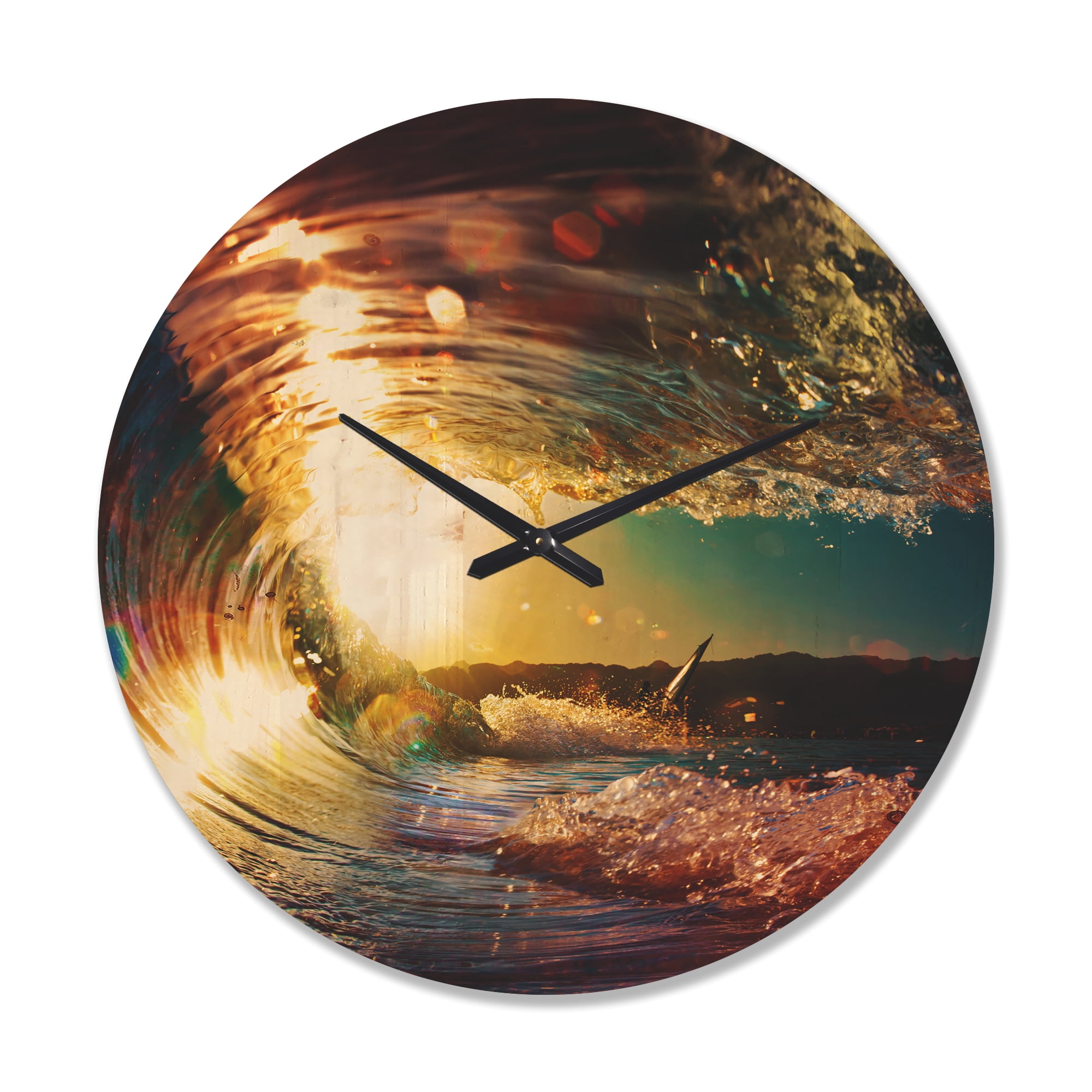 Designart 'Colored Ocean Waves Falling Down At Sunset III' Coastal Wood Wall Clock