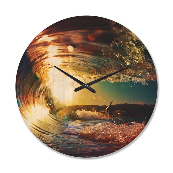 Designart 'Colored Ocean Waves Falling Down At Sunset III' Coastal Wood Wall Clock