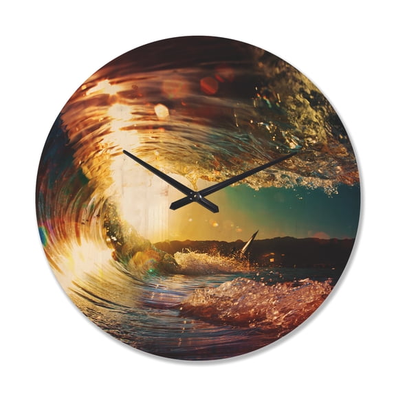 Designart 'Colored Ocean Waves Falling Down At Sunset III' Coastal Wood Wall Clock